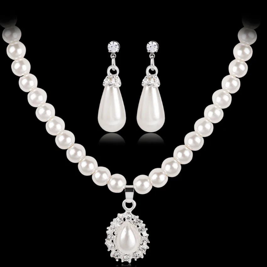 Elegant Fashion Big Pearl Bridal Jewelry Set for Women Silver Crystal Teardrop Earrings Necklace Set for Women Anniversary Gift