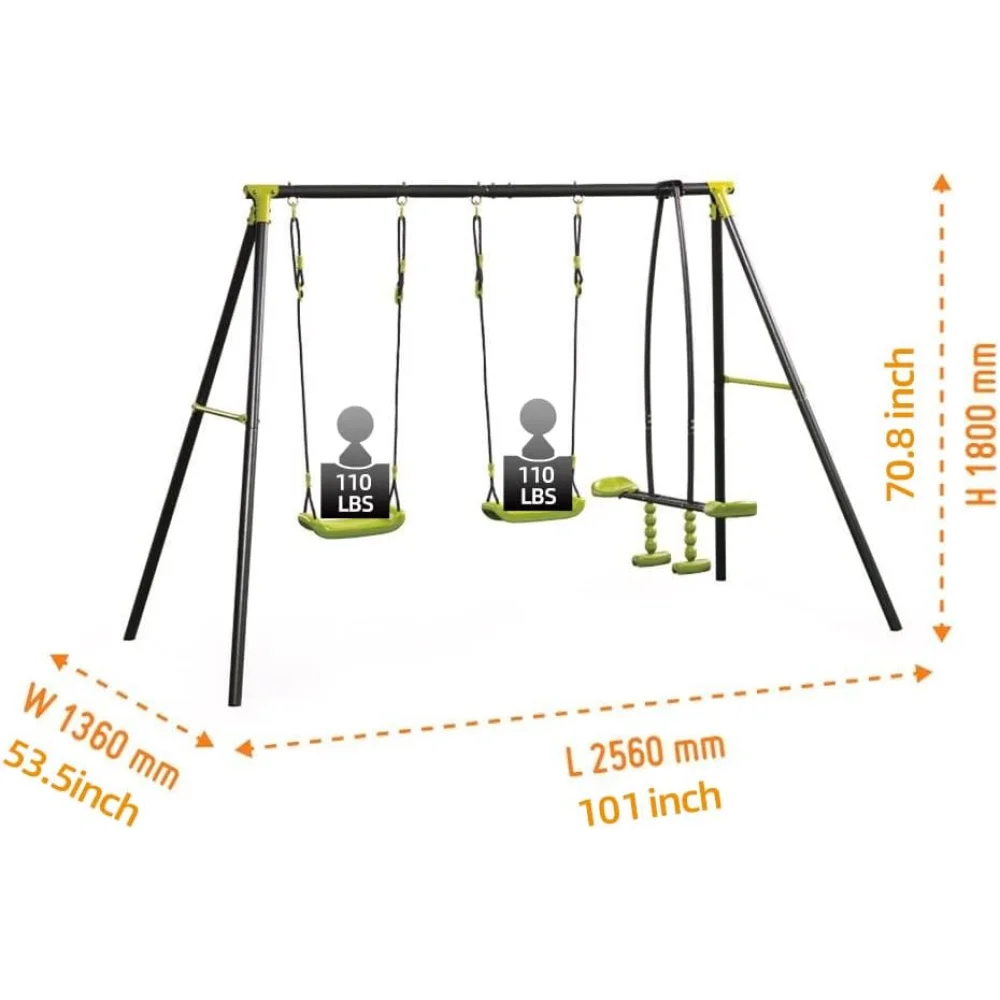 Juego de columpio seguro de metal para niños, Columpio de tres asientos para patio de juegos al aire libre, negro y verde para mayores de 3 años, interesante, 440 libras