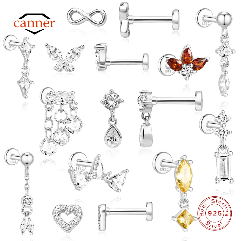 CANNER 1PC 925 Sterling Silver Horse Eye Zircon Crown Tassel Flat Head Puncture Earring For Women Ins Long Cartilage Love Gift