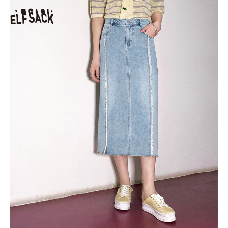 ELFSACK Raw edge splicing high waisted denim skirt for women's 2024 spring new popular casual slimming A-line skirt