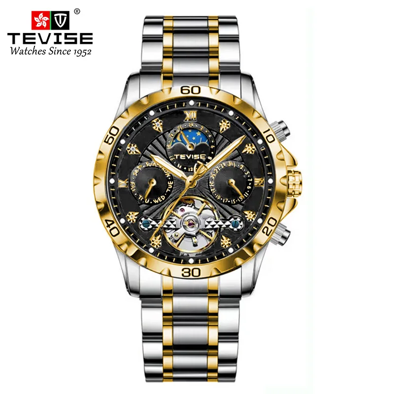 WebsiteSwitzerlandTEVISEFashion-reloj mecánico de negocios para hombre, resistente al agua, reloj de acero Tourbillon multifuncional