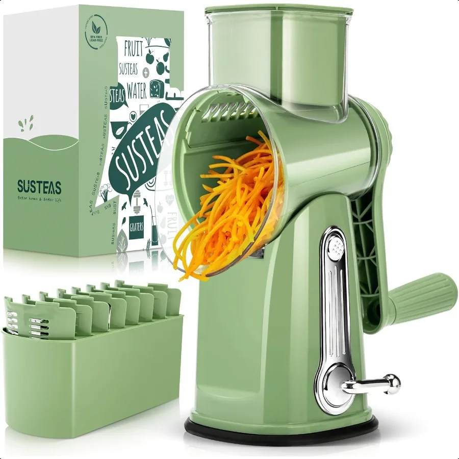 

Rotary Cheese Grater with Handle Vegetable Shredder with 5 Welldesigned Blades Strong Suction BaseRound Mandoline Slicer Food C
