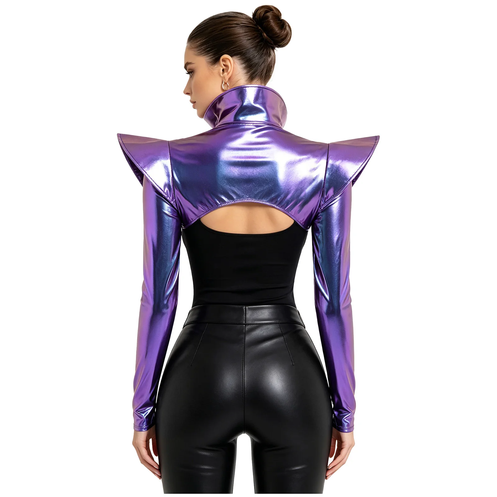 

Women Metallic Shiny Gothic Crop Top Long Sleeve Stand Collar Open Front Epaulets Pauldron Sparkly Sexy for Club Rave Party