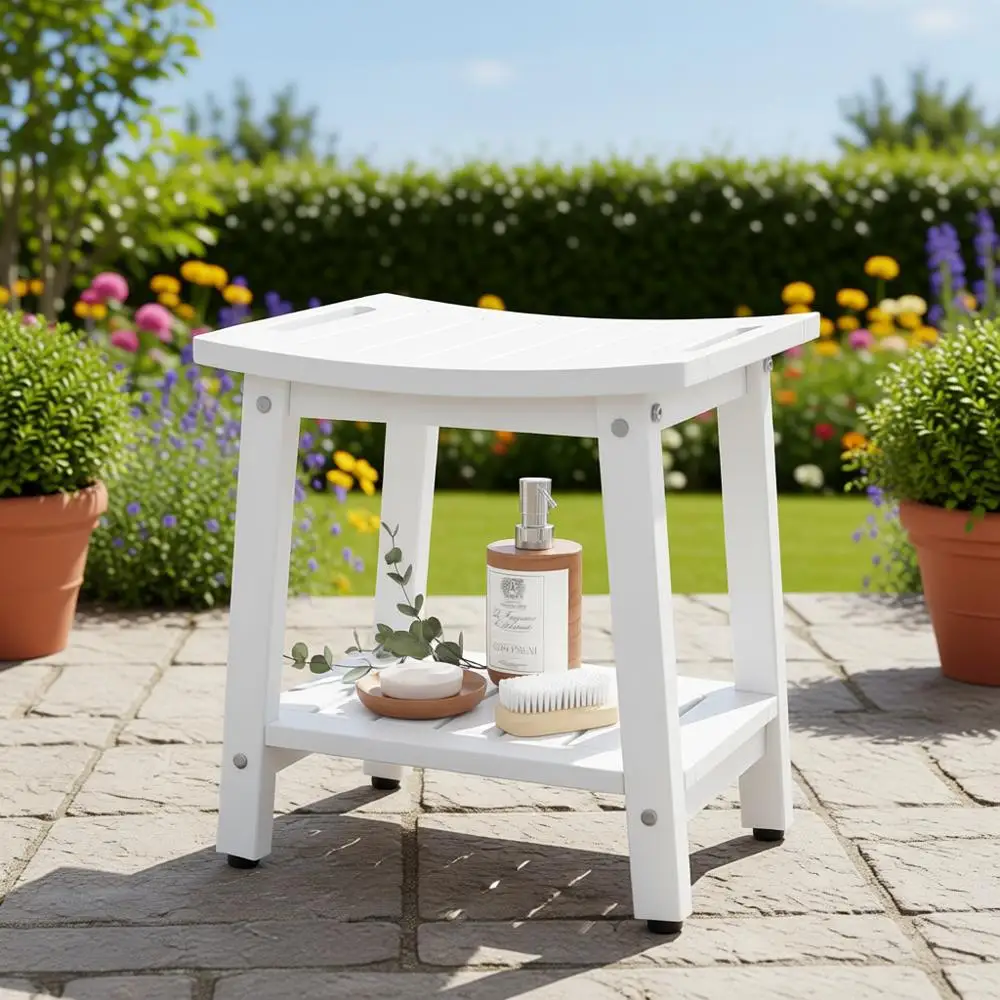 

Белая скамья для душа из HDPE с ручкой, полкой для хранения и регулируемыми ножками - водонепроницаемое сиденье для ванной комнаты/спа для использования внутри и снаружи помещений