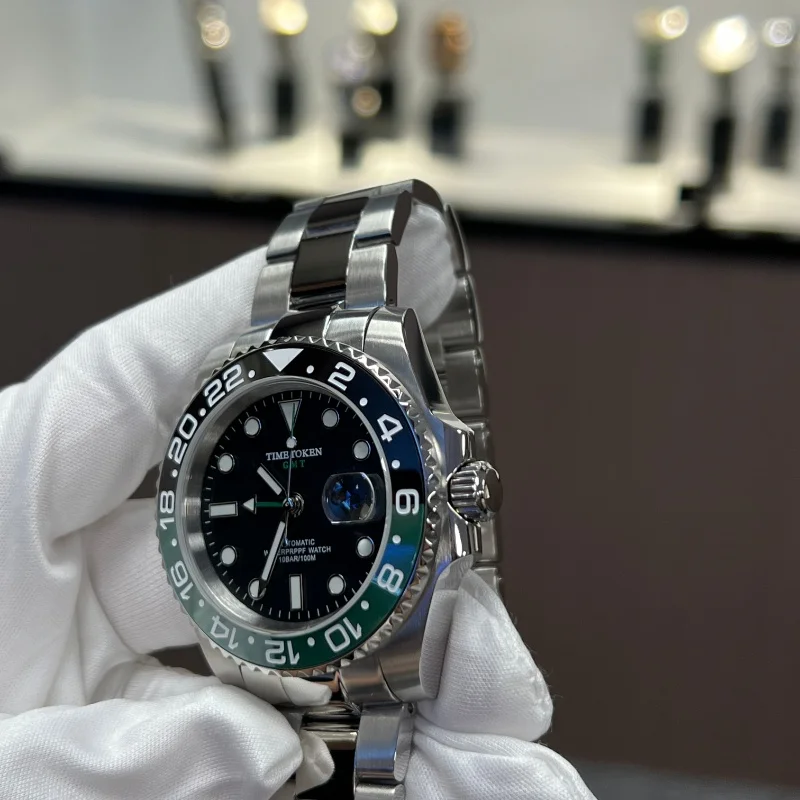 TIME TOKEN Men's Mechanical Watch - Luxury Ceramic Bezel Automatic GMT 10bar Waterproof Sapphire Glass New Design