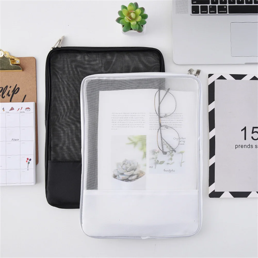 Large-Capacity Stationery Storage Bag Mesh Zipper Pouch File Organization Office Supplies Translucent File Storage A4 File Bag