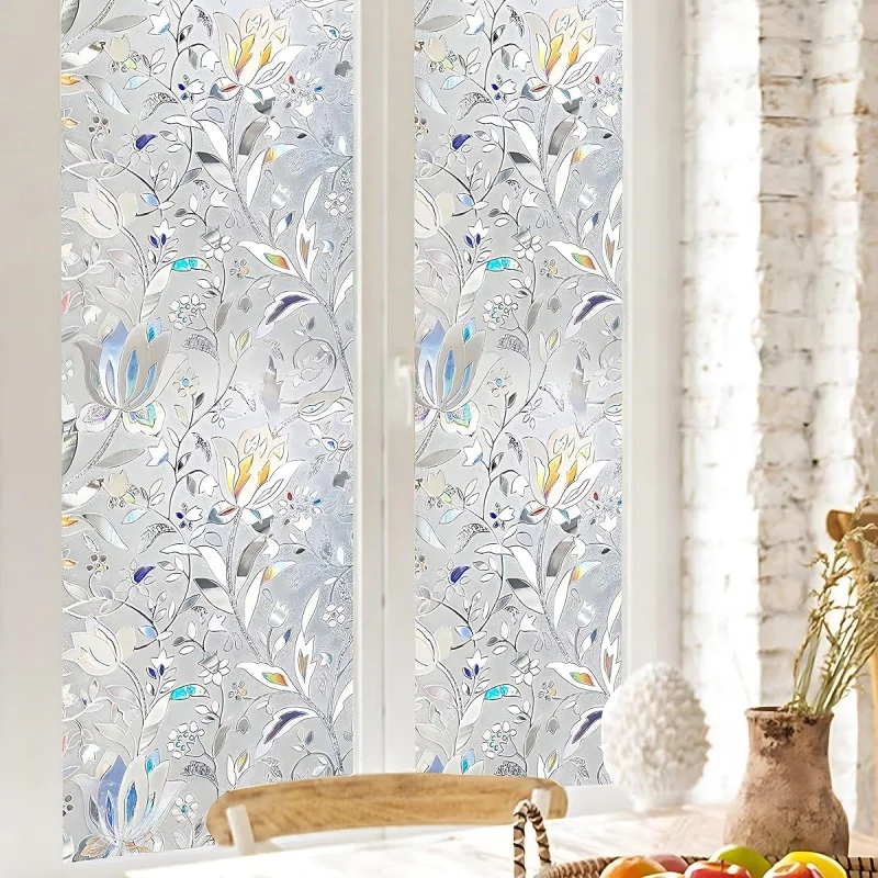 

35,4-дюймовая 3D витражная оконная пленка с радужным тюльпаном - статическая липкая УФ-блокирующая теплообменная пленка для домашнего офиса