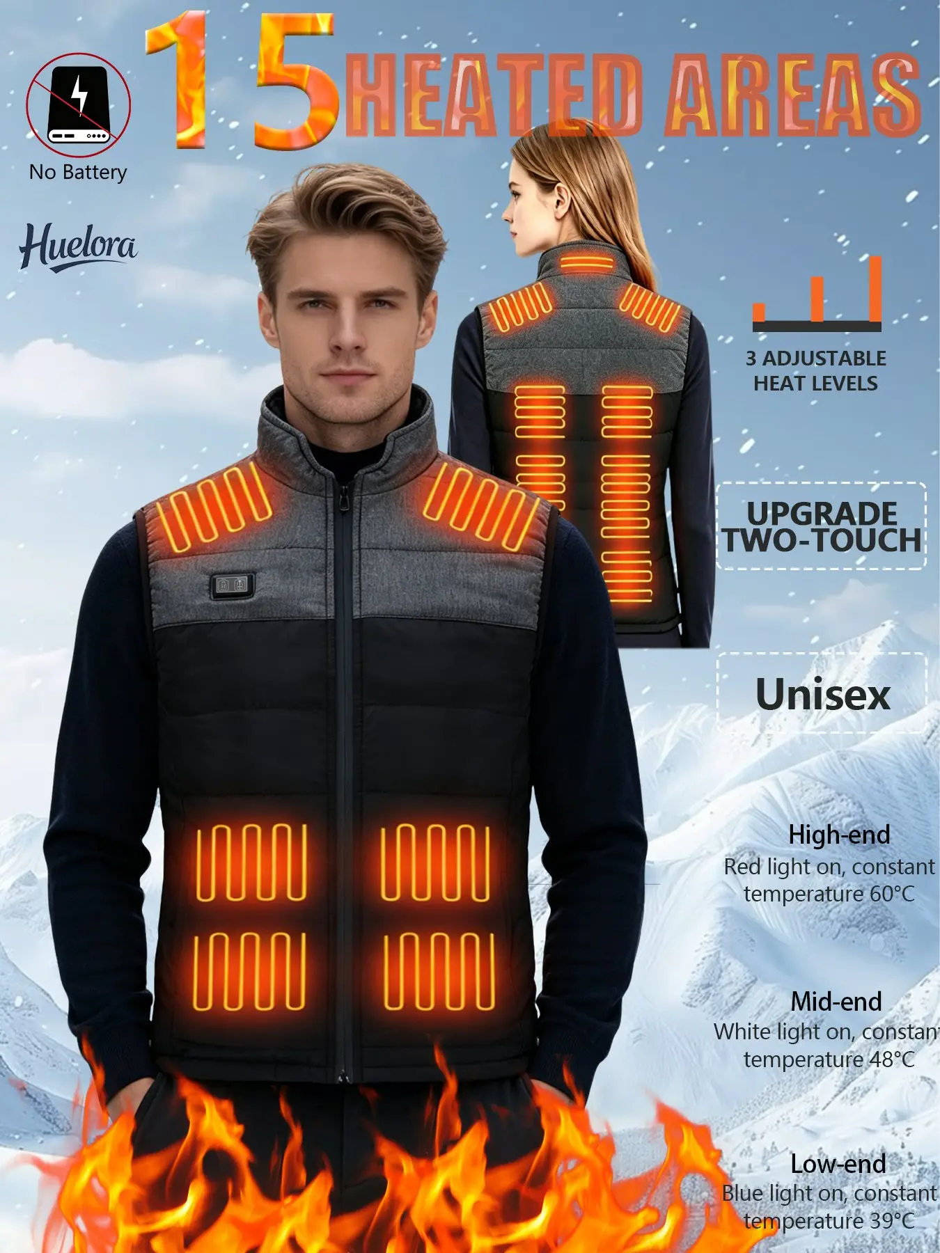 Huelora Unisex color block smart heated vest for winter,equipped with 3-level temperature adjustment, electric heating waistcoat