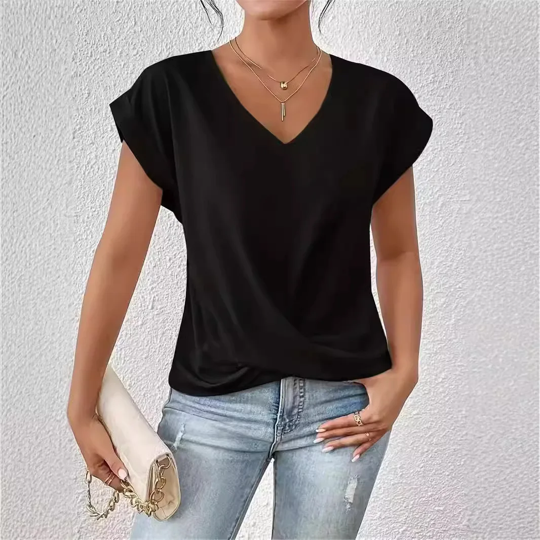 Fashion New Solid Color V-neck Shoulder Short-sleeved Hem Twist Women's T-shirt
