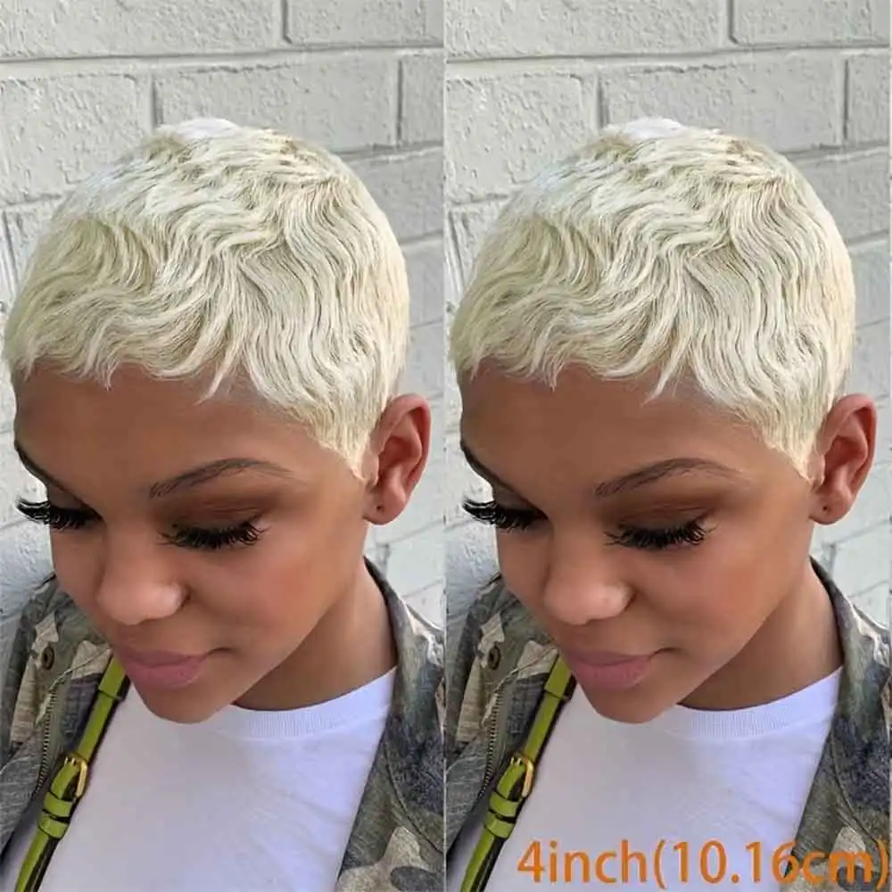 

blond Pixie Cut Curly Machine Make short Wig 100% Remy Human Hair
