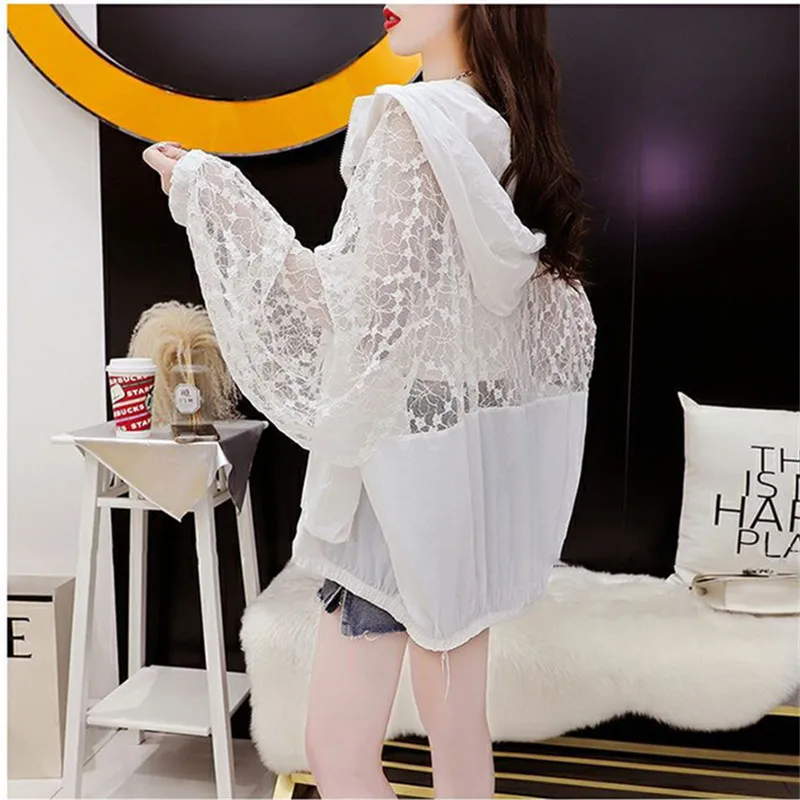 Fashion Lace Hollow Out Sun Sunscreen Clothes Female 2023 Summer New Casual Long Sleeve Hooded Coat Women Loose Outerwear H2786