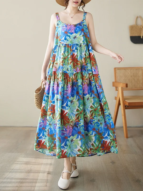 

Summer New Cotton Linen Print Splicing Long Dr Strap Loose Slimming Cake Skirt Large Swing Commute Sle Loose Fit Long Dr