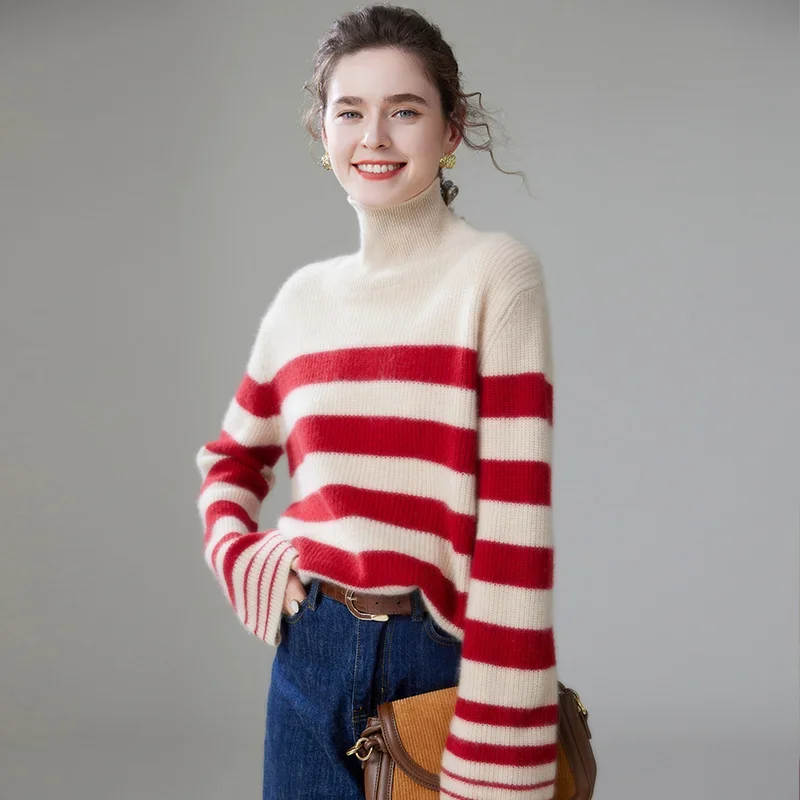 New Women's Cashmere Sweater, Luxurious, Thickened, Warm, Korean Style, Loose, Soft, Elegant, Striped, 2024 Autumn/winter