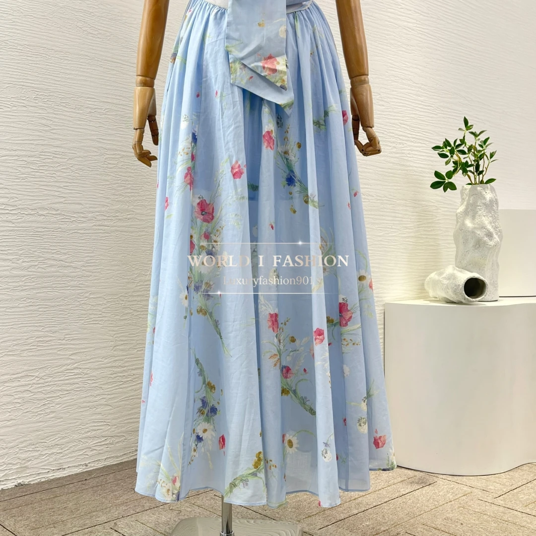 Robe mi-longue bleue élégante à imprimé Floral pour femmes, sans manches, avec nœud Spaghetti découpé, été, 2025