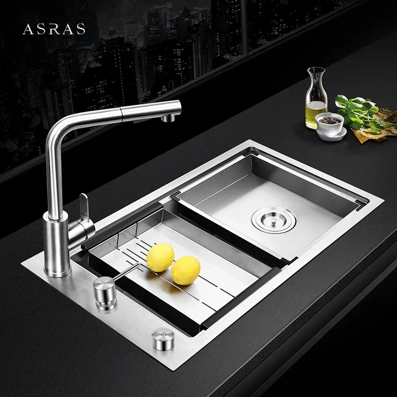 ASRAS SUS 304 Stainless Steel Side Kitchen Sink Large Size Handmade Brushed 4mm Thickness 220mm Depth Single Kitchen Sinks