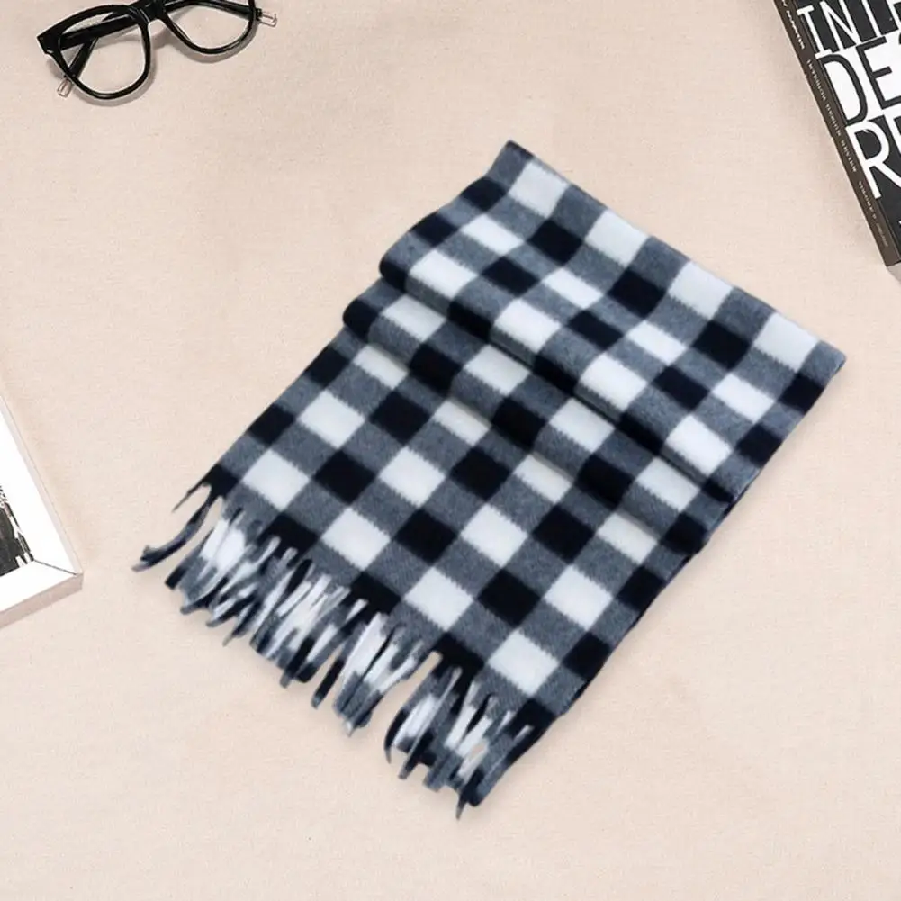 Tassel Decor Scarf Plaid Print Tassel Winter Scarf for Unisex Thick Warm Double sided Plush Long Wide Neck for Ladies