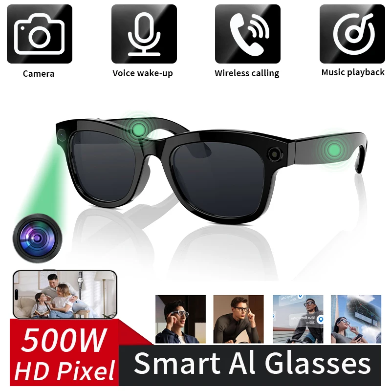

Очки для умной камеры с искусственным интеллектом, 500 Вт, HD-видеозапись, аккумулятор 250 мАч, голосовой помощник, перевод, музыка, уличные солнцезащитные очки 2025