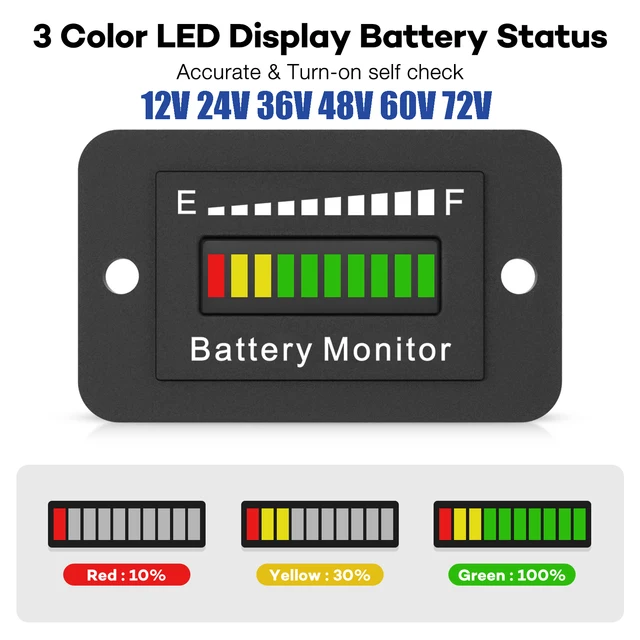 Miernik poziomu akumulatora LED Monitor poziomu akumulatora 12V 24V 36V 48V 60V 72V wodoodporny miernik poziomu kwasu litowego do wózek golfowy samochodu RV