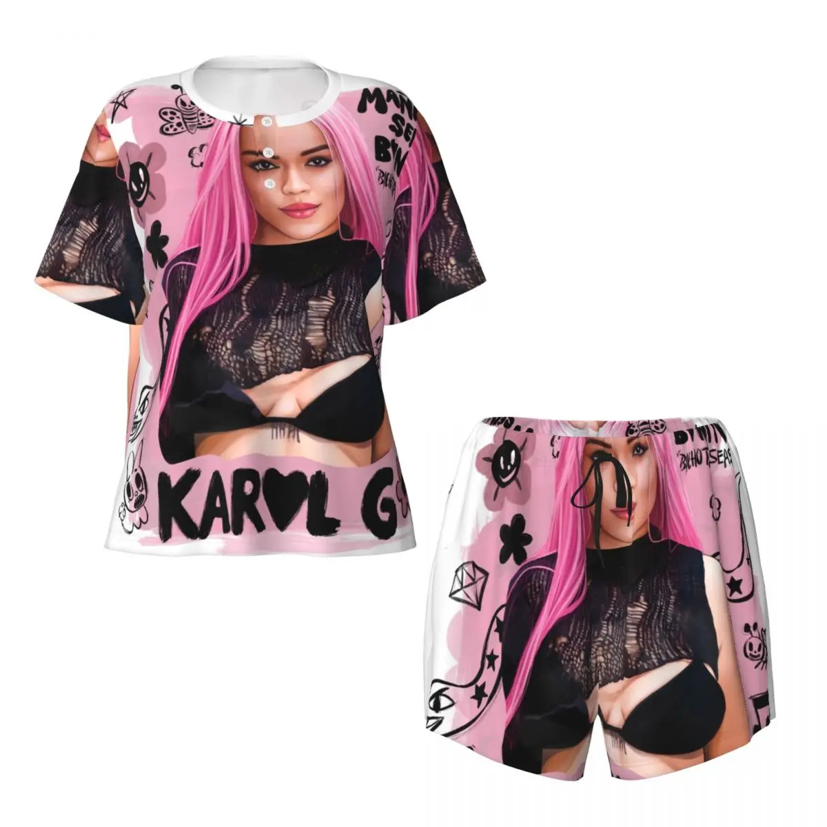 Custom Karol G Pink Hair La Bichota pigiama Set per le donne 2 pezzi manica corta Sleepwear Loungewear PJS Shorts Set