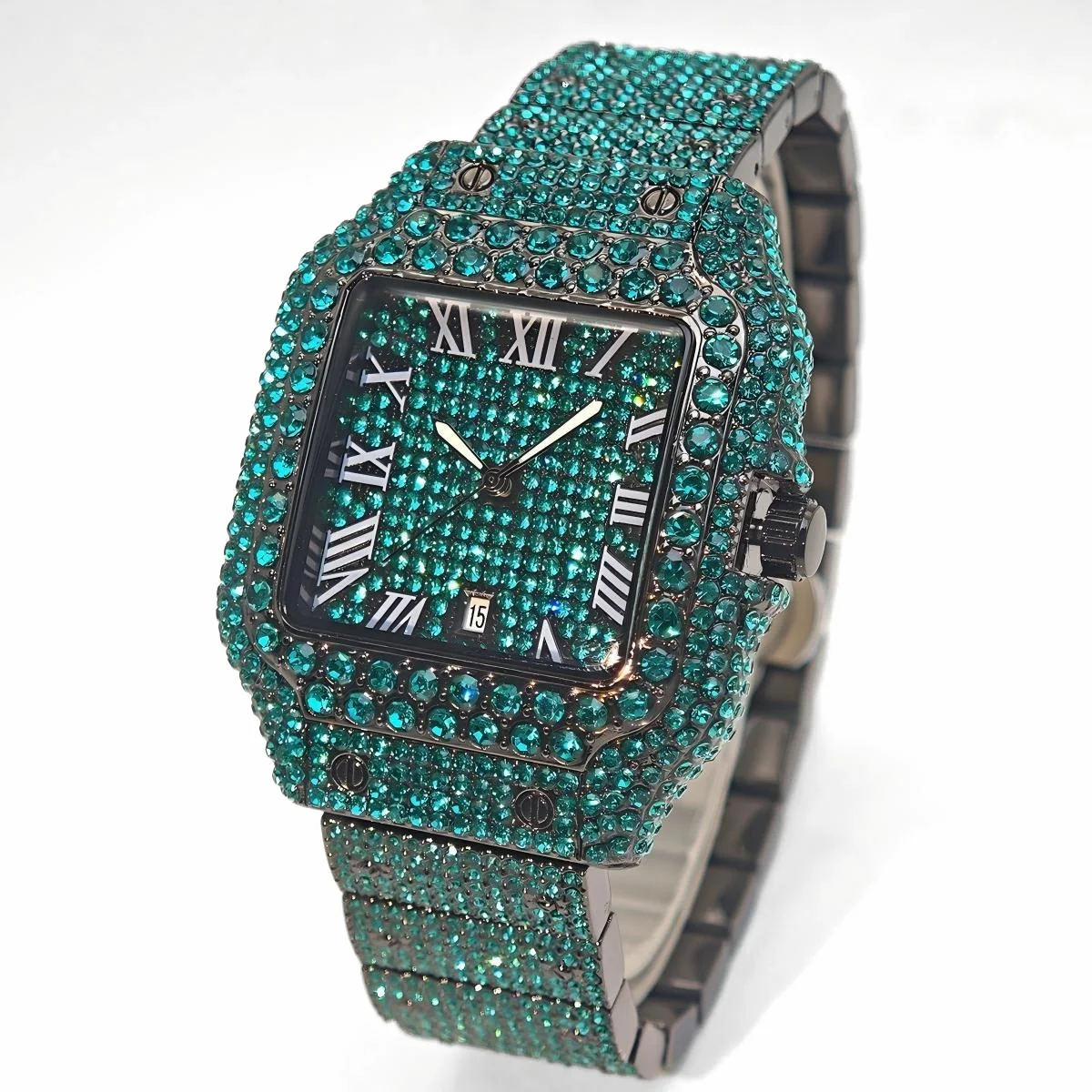 

UNIGUET Green Ice Watch For Men Luxury Stainless Steel Quartz Clock Man Hip Hop Full Diamond Square Wristwatch Gift Dropshipping