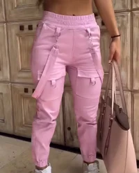 Women's Cargo Pants Casual Trousers 2026 Spring Autumn Solid Color Trend Street Pocket Design Cuff Suspenders Streetwear Women