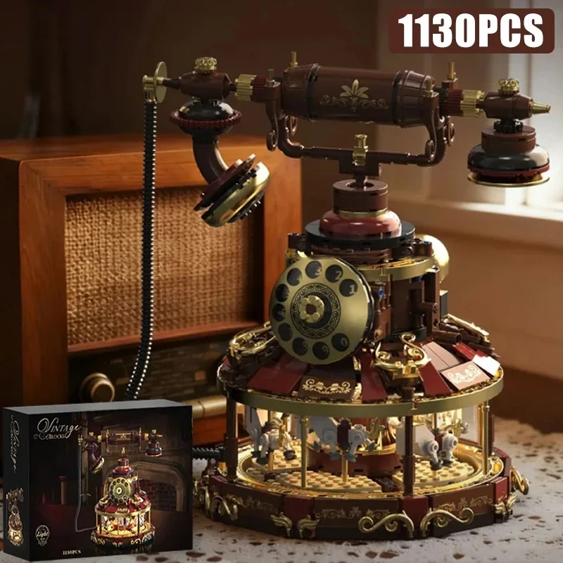 

Технический конструктор MOC: Ретро-телефон с вращающимся диском, вращающаяся карусель, винтажные классические декоративные блоки, игрушки для детей, подарок