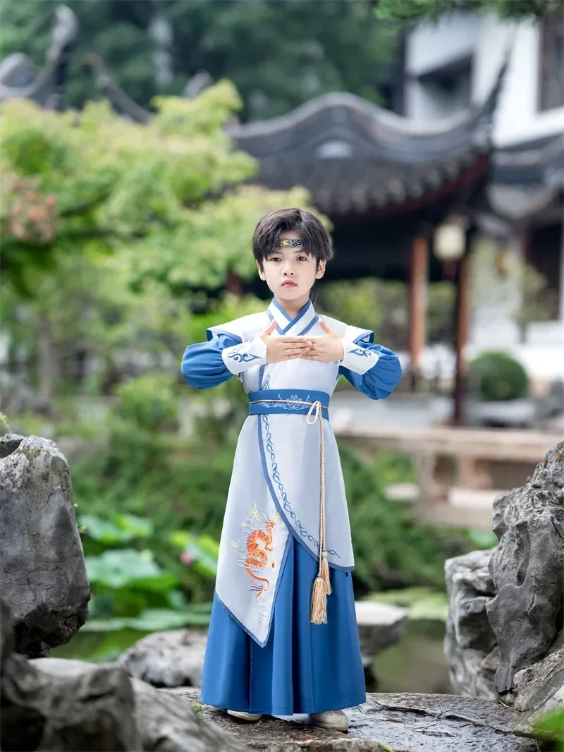 

Traditional Kids Perform Cosplay Costumes Boy Ancient Blue Dragon Print Hanfu Chinese Style Folk Dance Clothes