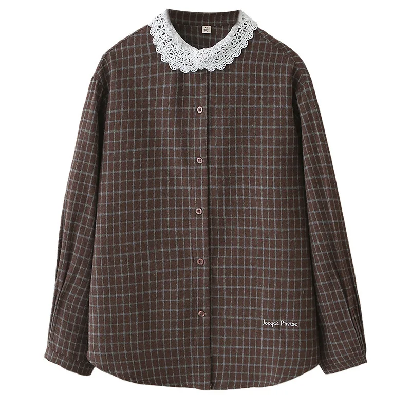 

2026 Spring Plus Size Women Plaid Jacket Ruffle Neck Cardigan Long Sleeve Shirt Brushed Plaid Blouse Slim Tops 2607