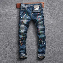Street Style Fashion Men Jeans Retro Blue Painted Designer Slim Fit Ripped Jeans Men Stretch Trousers Hip Hop Denim Pants Hombre