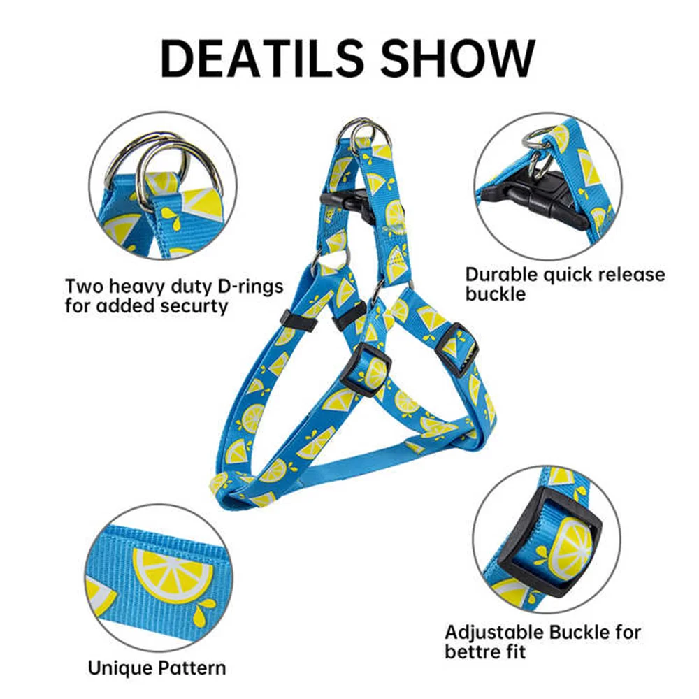 All For Paws Dog Harness For Small Large Dogs Blue Lemon Printed Nylon Adjustable Vest Outdoor Walking Running Dog