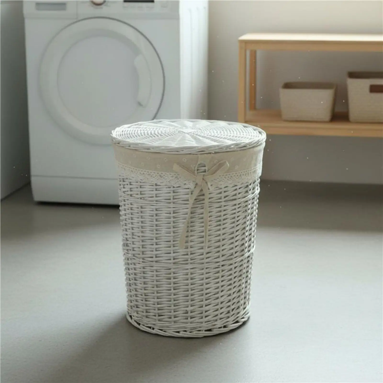 Collapsible Bamboo Rattan Linen Storage Basket for Dirty Clothes Laundry Organizer with Vintage Pattern Liner