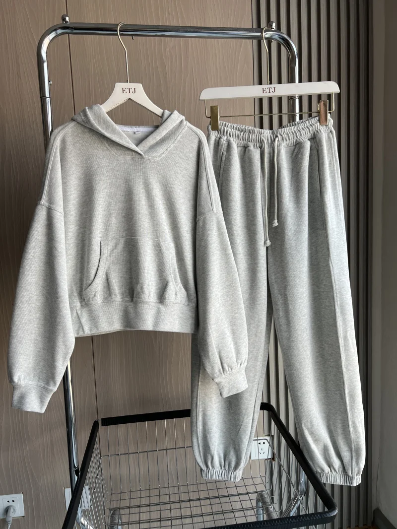 ETJ 2025 Women's Spring new Sportswear cotton hooded pocket hooded sweatshirt & stitched joggers sweatpants suit