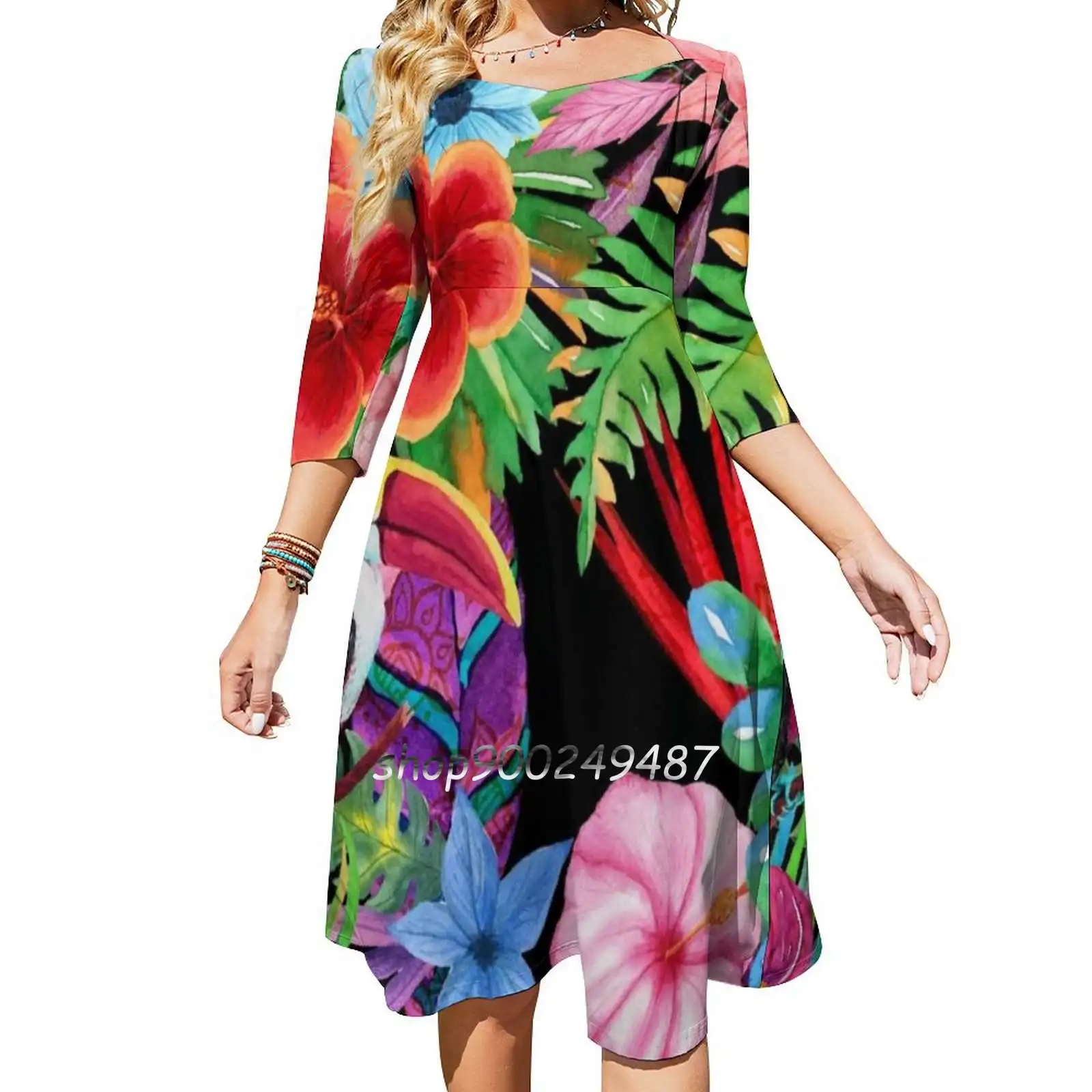 

Hawaiian Beauty Square Neck Dress New Plus Size Elegant Women Waist Tight Dress Tropical Flowers Floral Flower Flowers Exotic