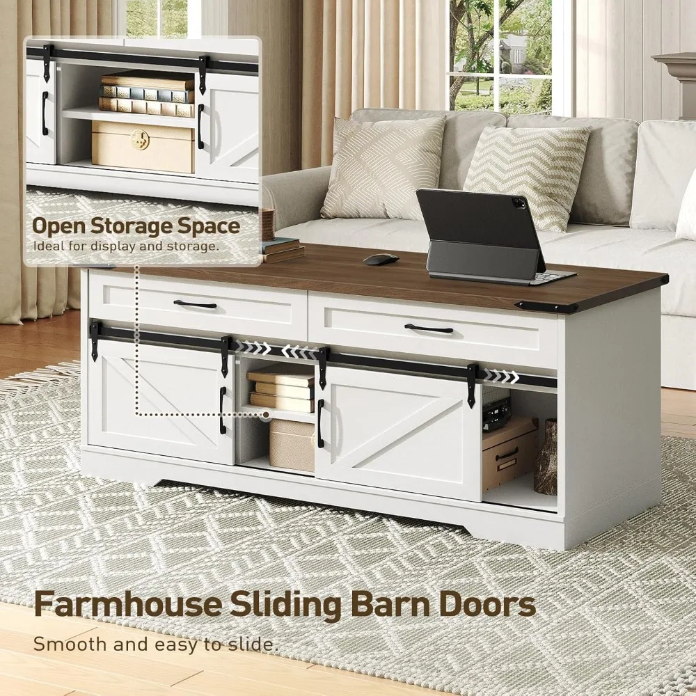 47" Farmhouse Coffee Table with Storage and Sliding Barn Doors, Large Rustic Center Table with 2 Drawers & Open Compartments