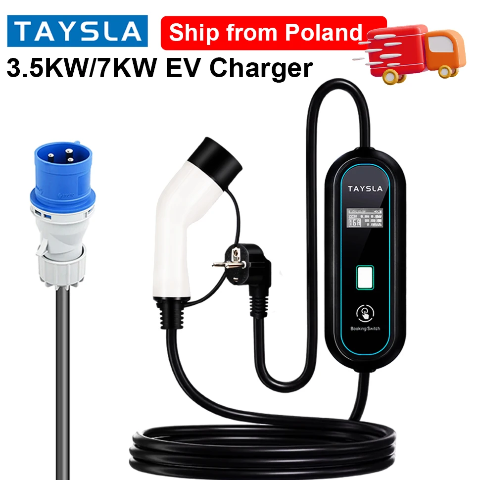 TAYSLA Charger for Electric Car 3.5KW 7KW Max TYPE 2 with EU Plug Portable EV Charger Electric Vehicle Charging Cable 80V-260V