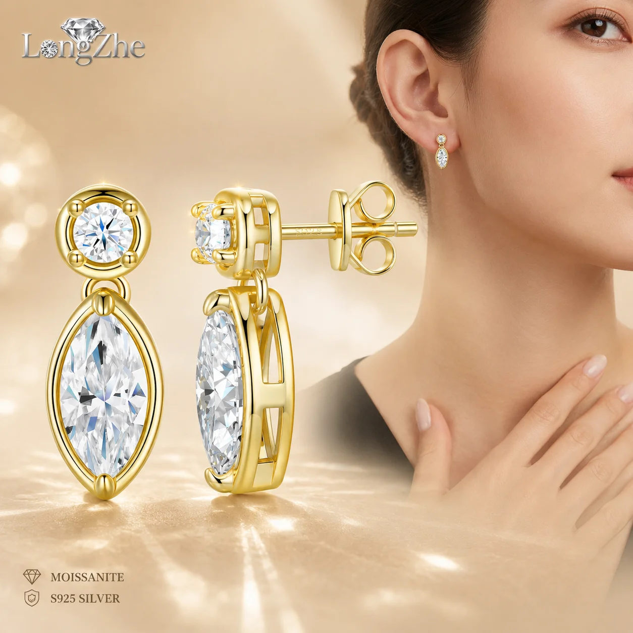 LongZhe Moissanite Earrings S925 Sterling Silver Gold Color Marquise Cut Drop Stud Earrings 4 Stones Light Luxury Gift for Women