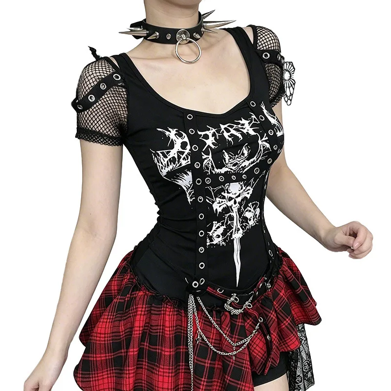 2026 New Women Gothic Off Shoulder T-Shirts Skull Butterfly Sword Print V Neck Eyelet Rivet Corset Hem Irregular Punk Slim Tees