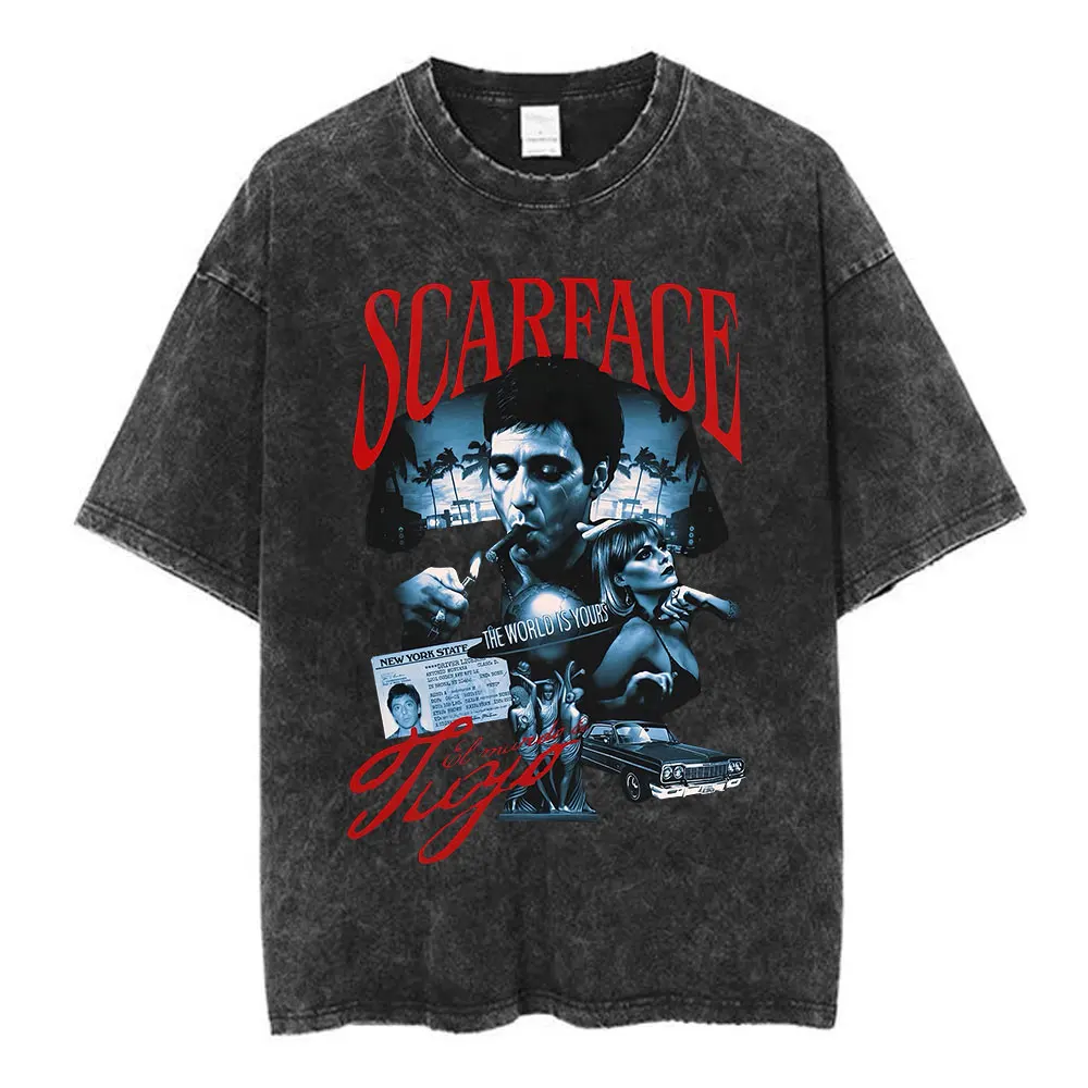 Film Scarface The World Is Yours Vintage Washed T-Shirt Tony Montana Al Pacino T-Shirts Herren Damen Kleidung Oversized T-Shirt – Detail 4
