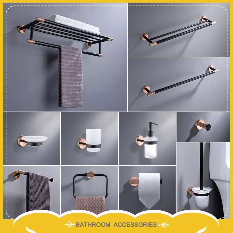 

Rose Gold+Black Bath Towel Hook Paper Rack Towel Rack Toilet Brush Holder Stainless Steel Wall-Mounted Bathroom Accessories