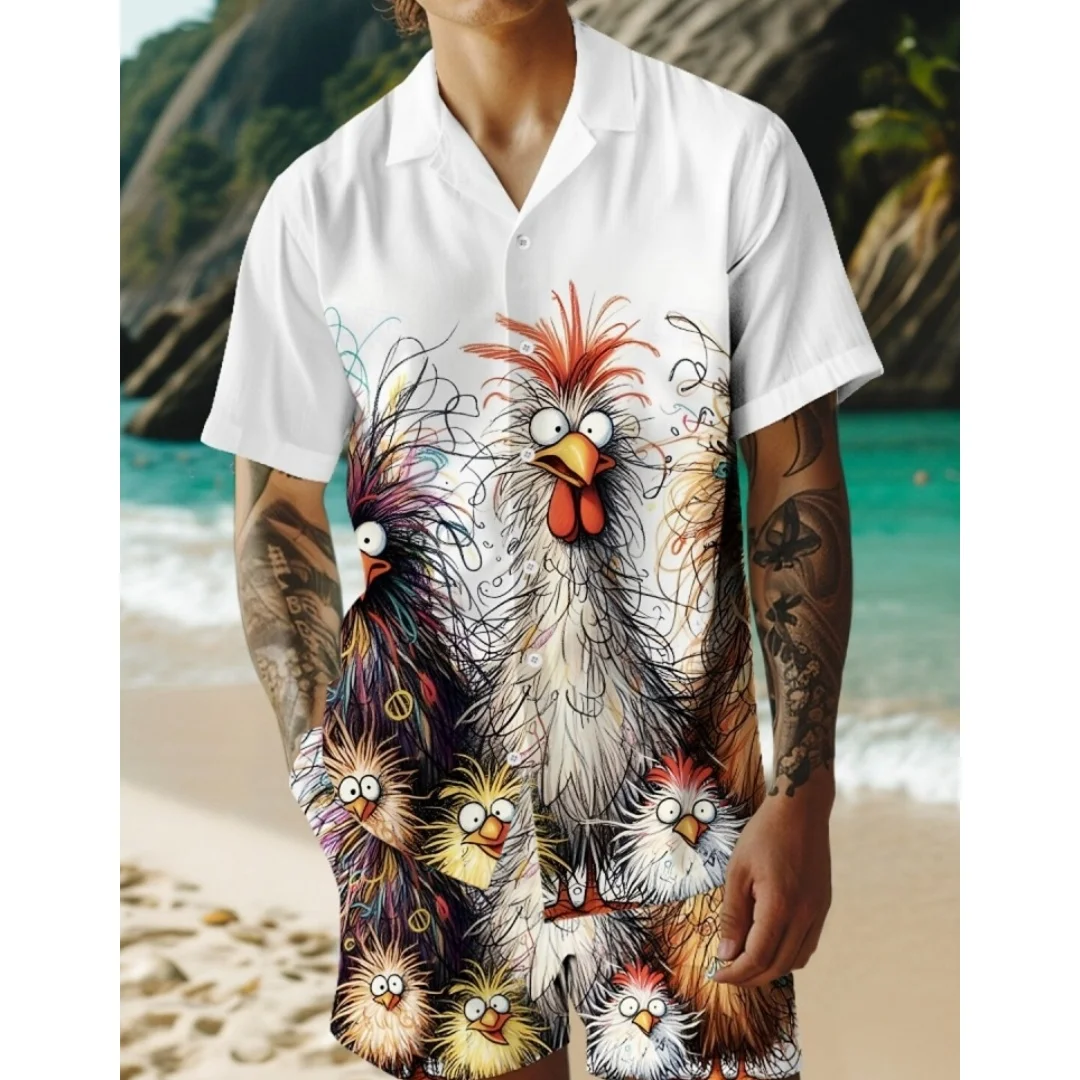 3D Cartoon Chicken Printed Men's Shirt And Shorts Set Summer Casual Short-sleeved Shirt Hawaiian shirt set y2k Men's Beach Short
