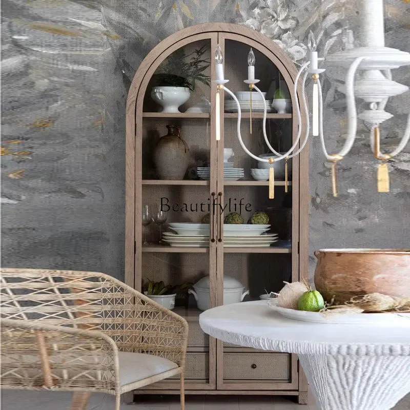 

56French retro wine cabinet Nordic rattan storage double door glass door display cabinet can be customized