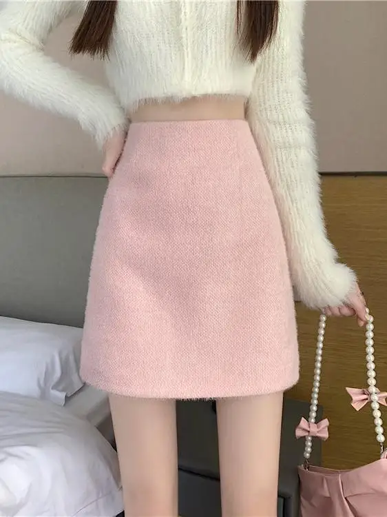 Winter Thickened Faux Mink A-Line Mini Skirt High Waist Slimming Women's Spring Autumn Short Skirts Korean Sle Commute