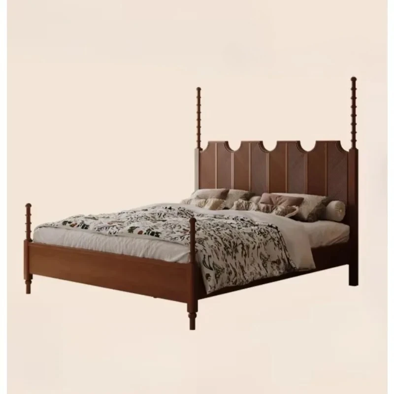 Solid Wood Master Bedroom Atmospheric Retro Shelf Bed 1.8 Meters Antique  Ash Wood Double Bed