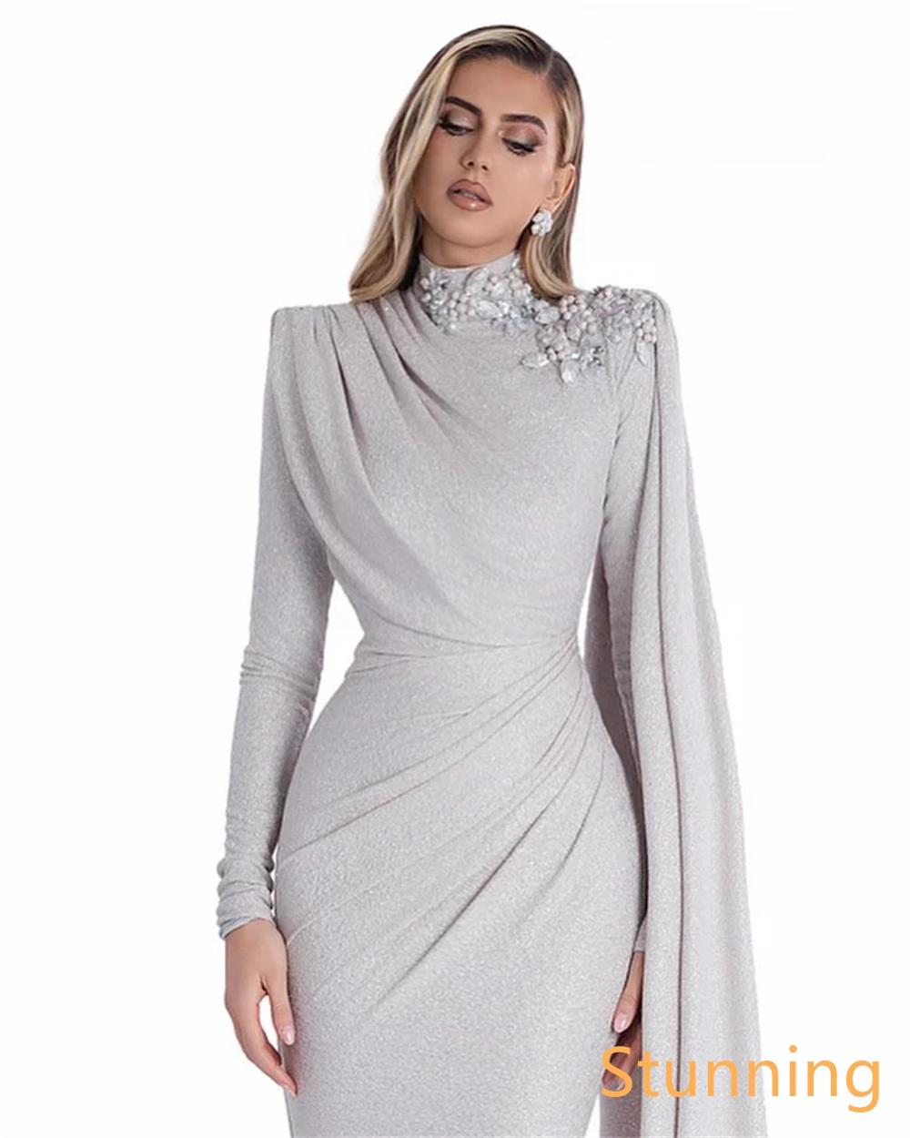 Customized  Delicate Silvery Jersey Evening Dress Mermaid High Collar Long Sleeves Celebrity Gowns Crystal Special Occa image 6