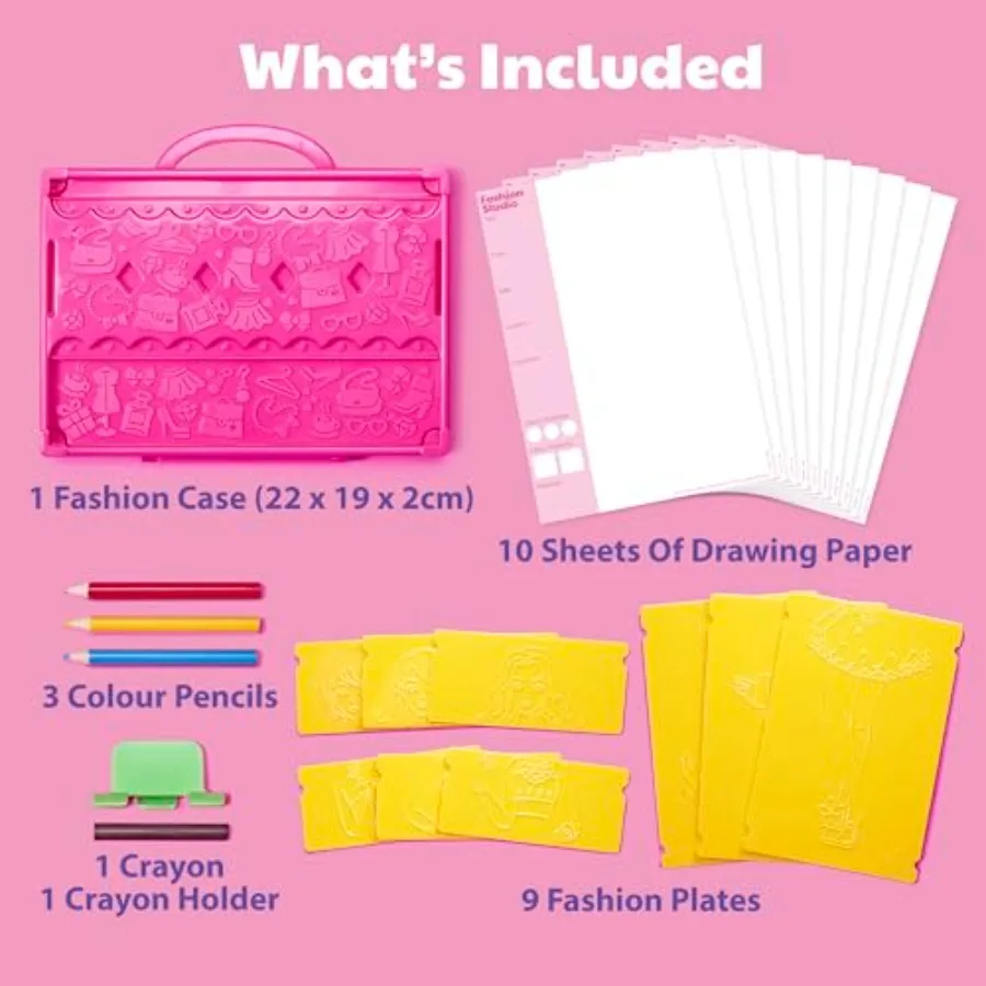KidzMaker: My Design Portfolio Fashion Studio - Creative Outfit Design Drawing Kit with Mix Max Pattern Rubbing Plates Portable