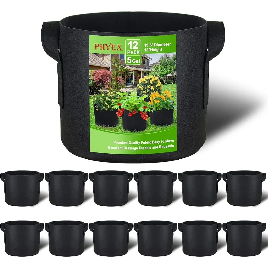 

12Pack 5 Gallon Grow Bags Heavy Duty Fabric Pots with Handles Reusable Plant Bags for Vegetable Herbs Flowers BPAFree Breathabl