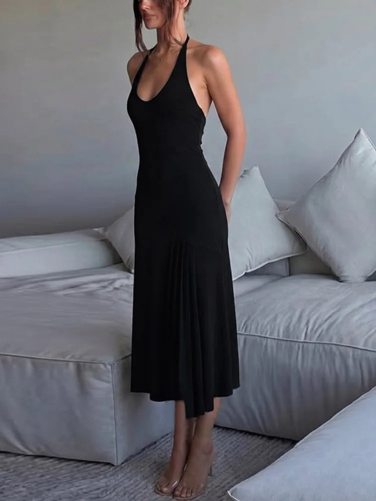 Mozision Halter Deep V Neck Sexy Midi Dress Women Elegant Black Sleeveless Backless Ruched Flared Hem Club Party Long Dresses view 5