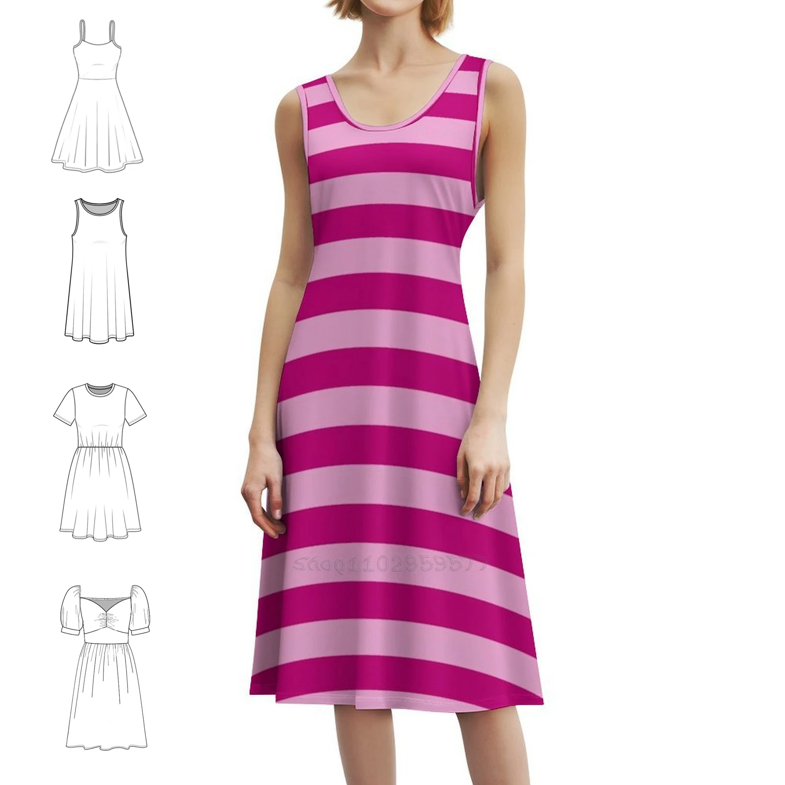 فستان بوهيمي عتيق بخطوط وردية بأكمام منتفخة أو خيارات بدون أكمام للنساء فستان وردي مخطط وردي واسع مخطط #2