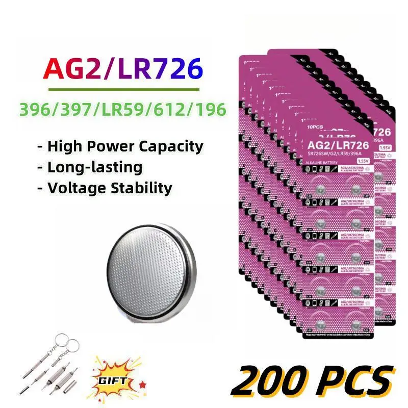 

200PCS AG2 Button Batteries 396 397 LR59 LR726 196 D396 1.5V Alkaline Coin Cell Silver OxideWatch Battery