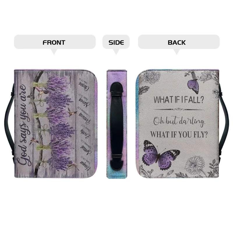 Dio dice che sei personalizzato farfalla lavanda viola regalo di natale stampa borsa bibbia in pelle Cross Design borse da donna